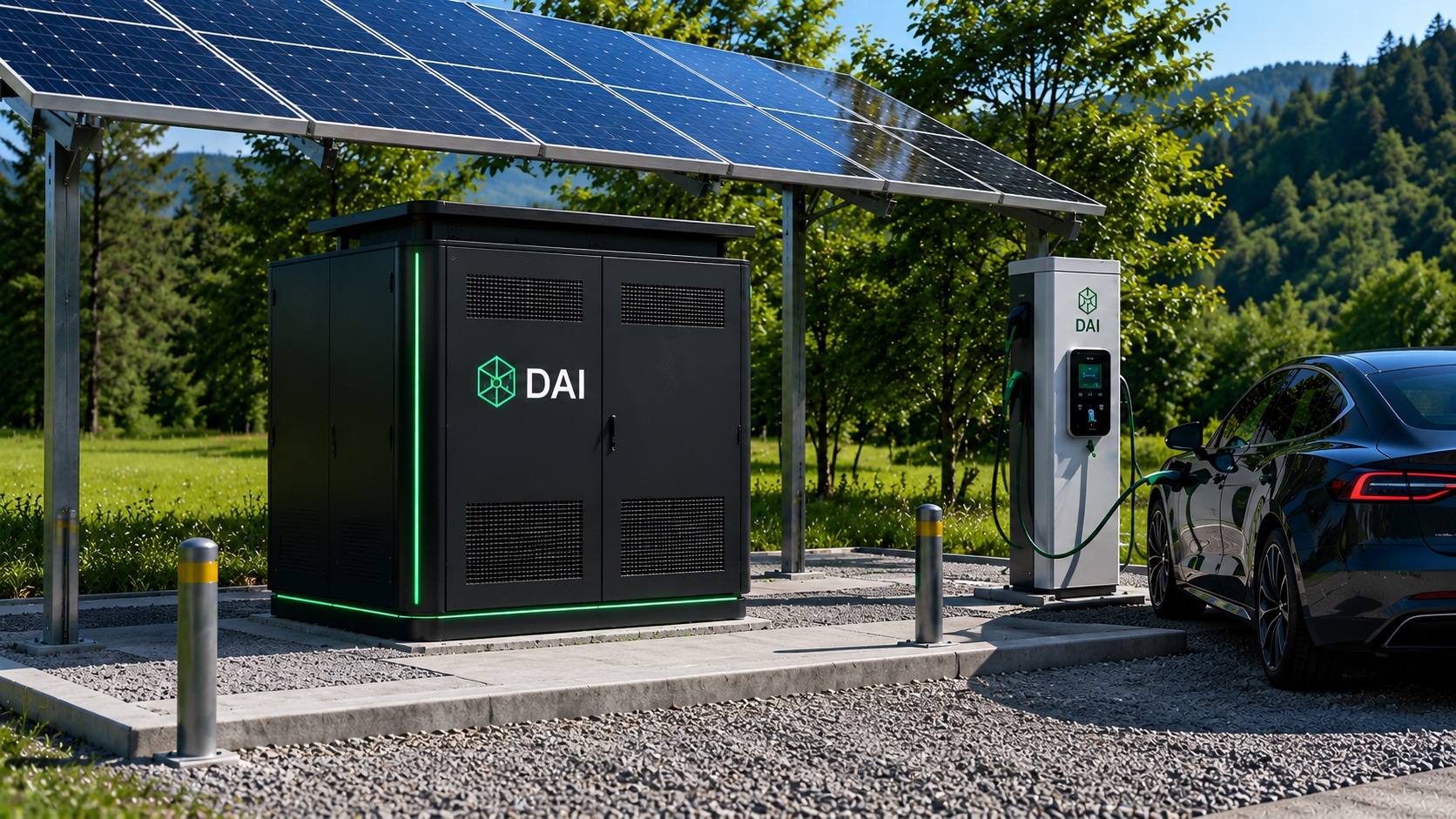 Omara DAI Hub pod sončnimi paneli ob polnilnici za električna vozila