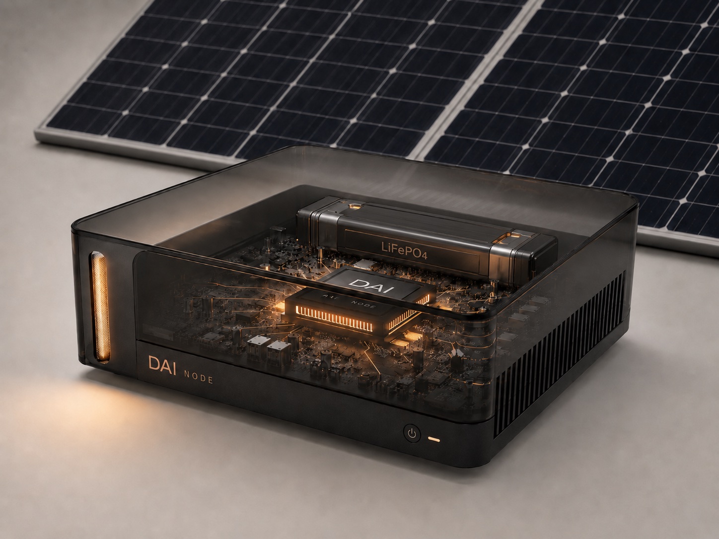 Off-grid vozlišče DAI z baterijo LiFePO4, vidno skozi prosojno ohišje, in sončnimi paneli v ozadju
