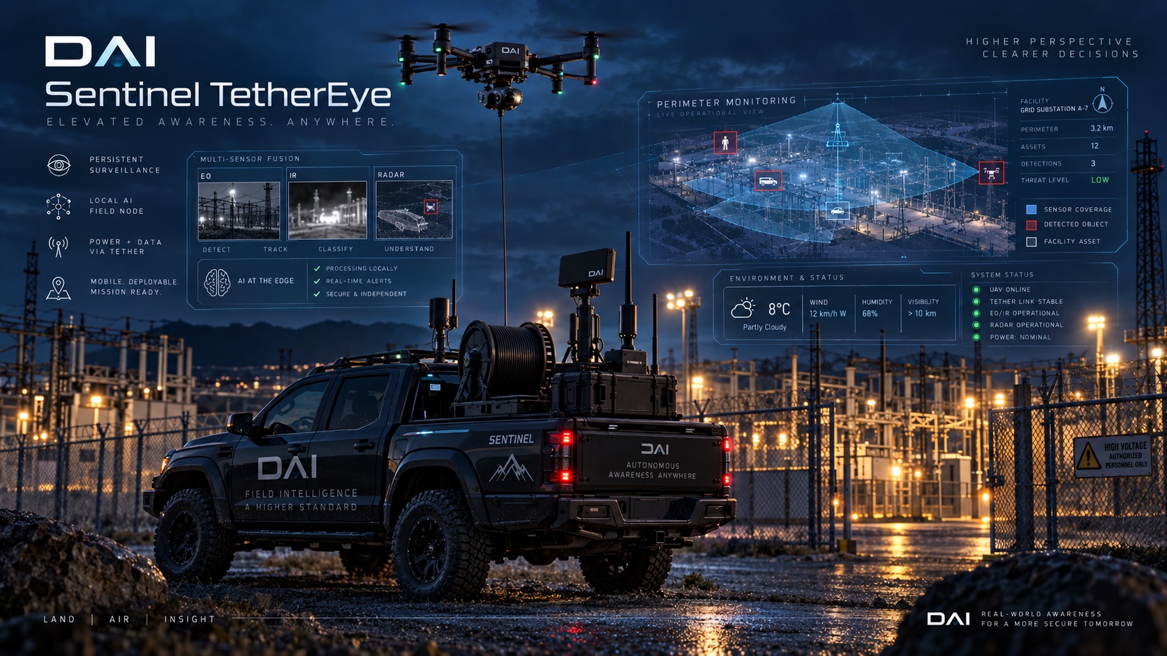 A DAI Sentinel vehicle with a tethered observation drone at a power site