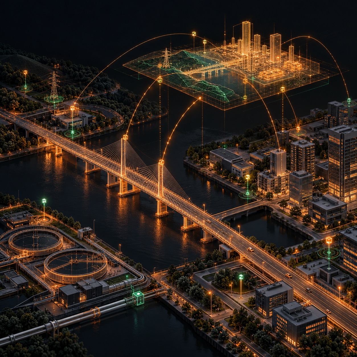 A city bridge and utilities with a floating digital twin