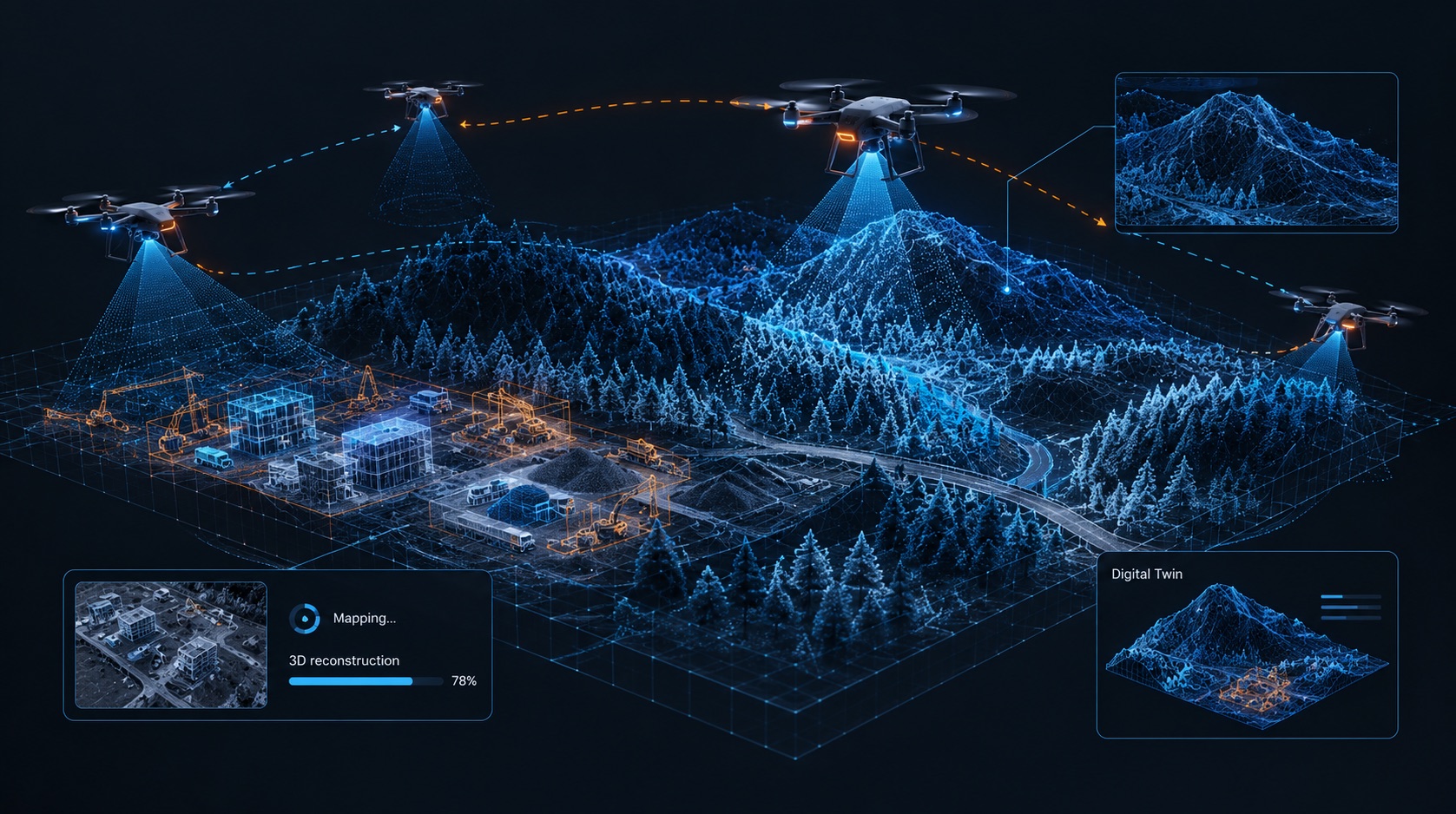 Drones mapping a landscape into a shared digital twin
