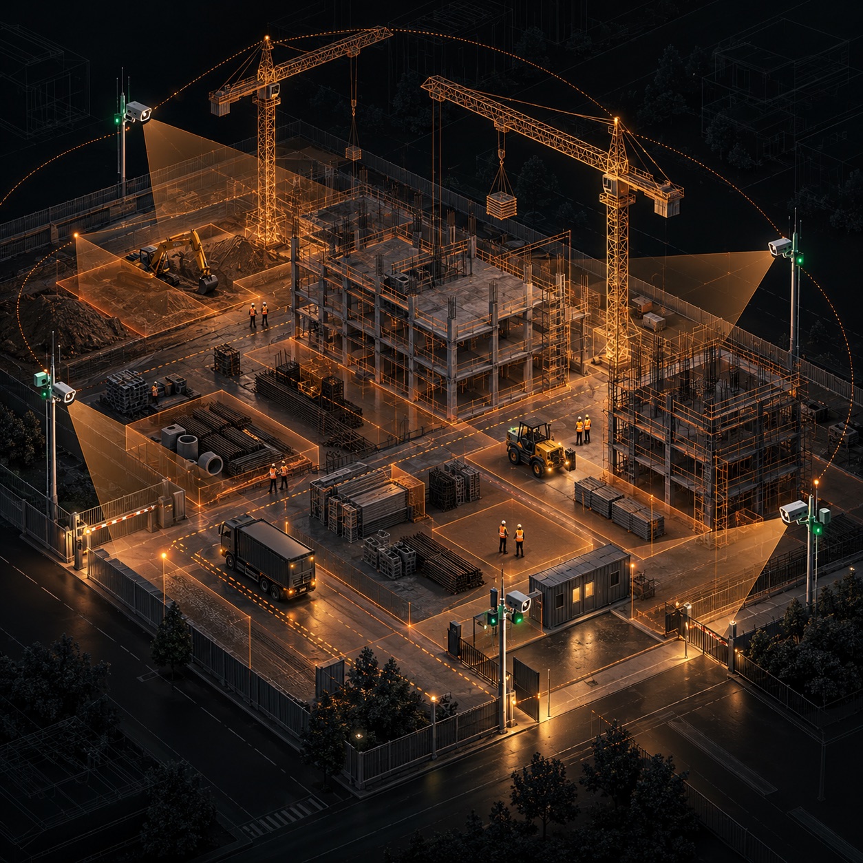 A construction site overlaid with a digital twin and site cameras